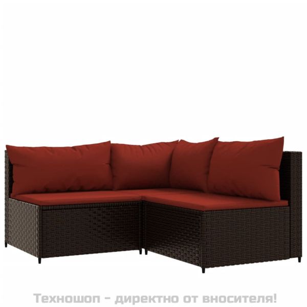 Градински комплект с възглавници, 4 части, кафяв, полиратан