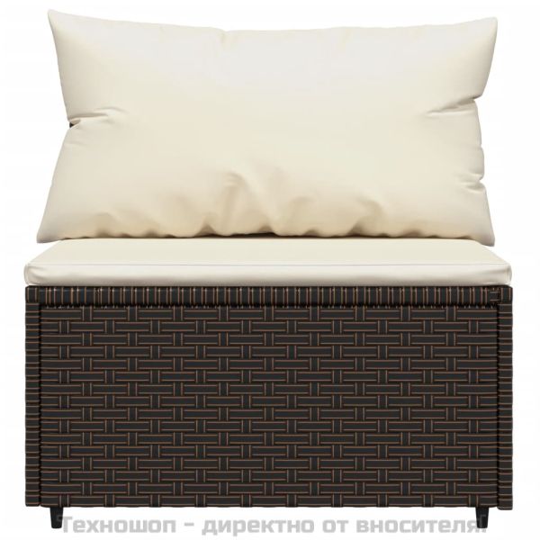 Градински среден диван с възглавници, кафяв, полиратан