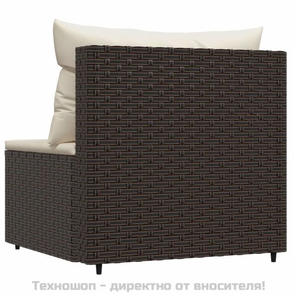 Градински среден диван с възглавници, кафяв, полиратан