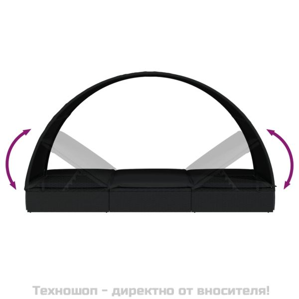 Шезлонг с объл покрив черен 211x57x140 см полиратан