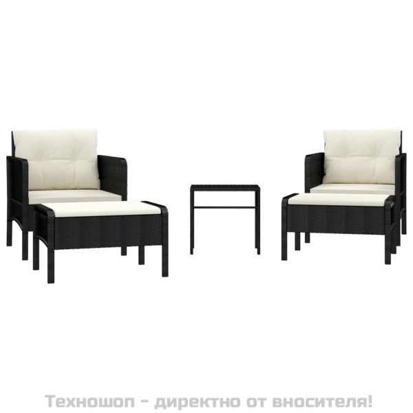 Градински лаундж комплект с възглавници 5 части черен полиратан