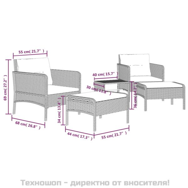 Градински лаундж комплект с възглавници 5 части черен полиратан