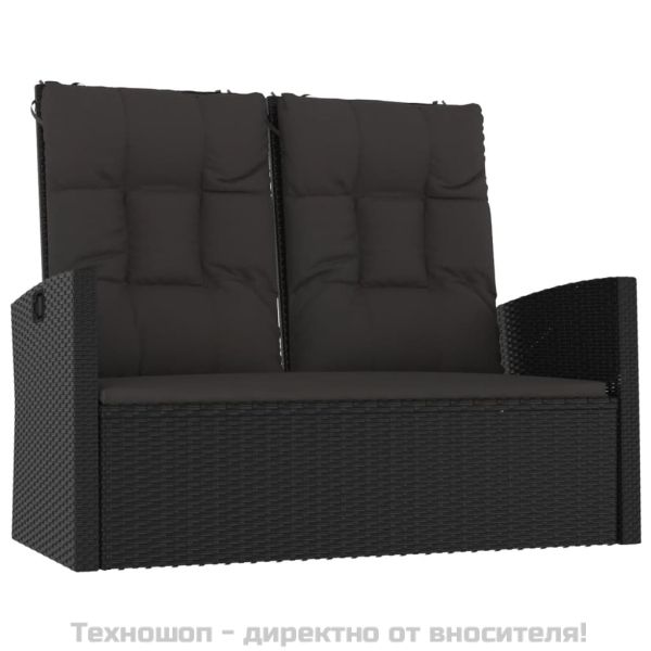 Наклоняема градинска пейка с възглавници черна 118 см полиратан