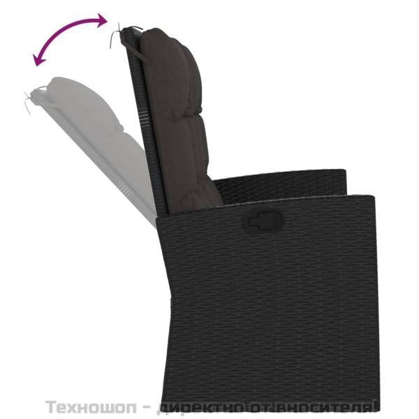 Наклоняема градинска пейка с възглавници черна 118 см полиратан