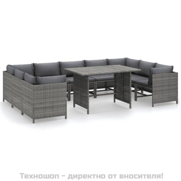 Градински комплект с възглавници, 10 части, полиратан, сив