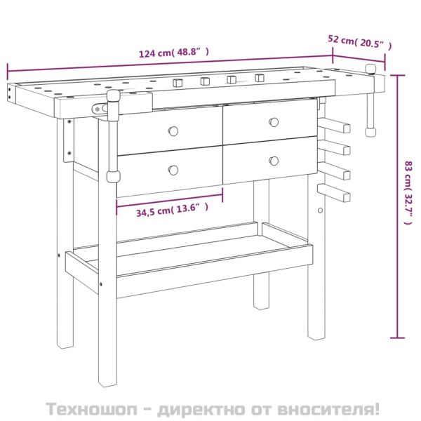 Работна маса с чекмеджета и менгемета 124x52x83 см акация масив
