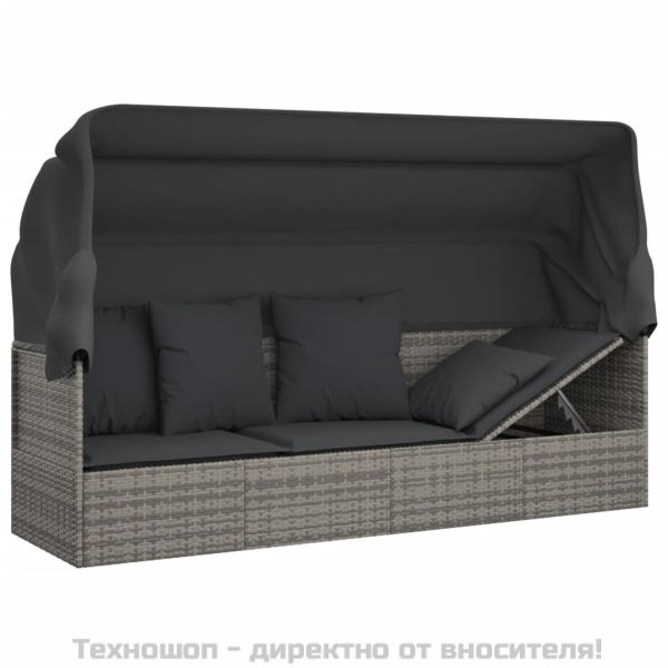 Градинско лаундж легло с покрив и възглавници сив полиратан