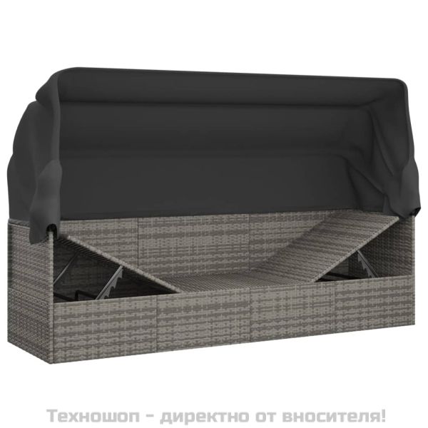 Градинско лаундж легло с покрив и възглавници сив полиратан