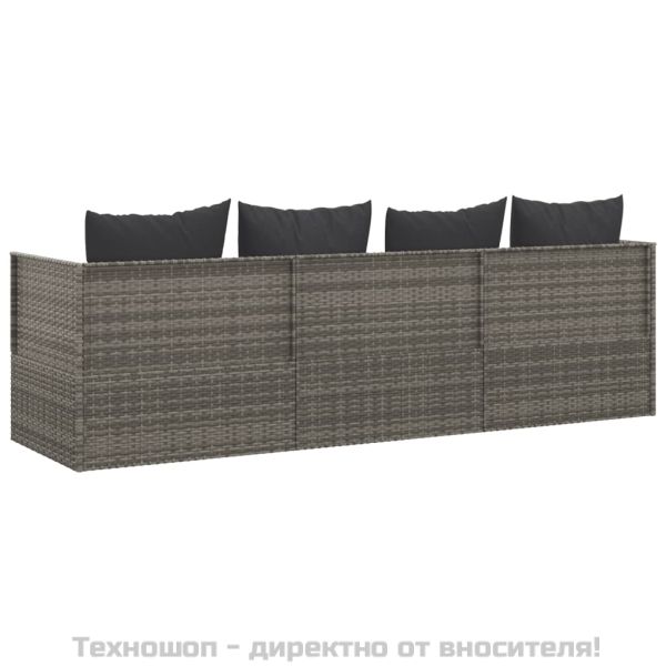 Градинско лаундж легло с възглавници, сив полиратан