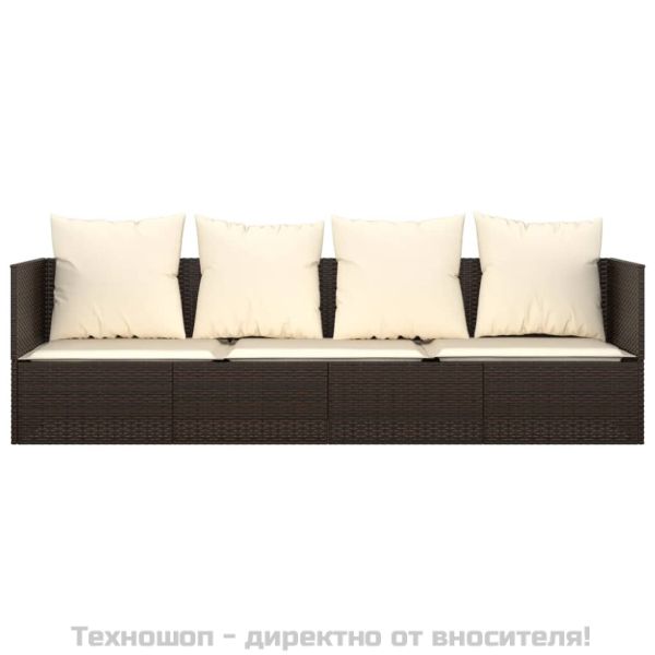 Градинско лаундж легло с възглавници, кафяв полиратан