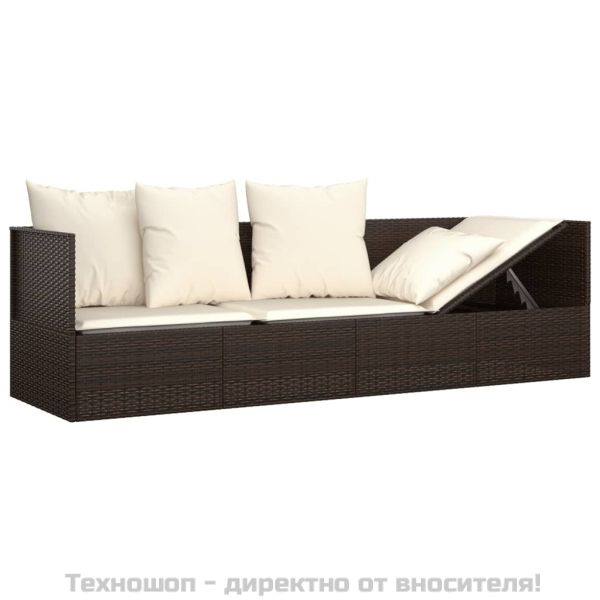 Градинско лаундж легло с възглавници, кафяв полиратан