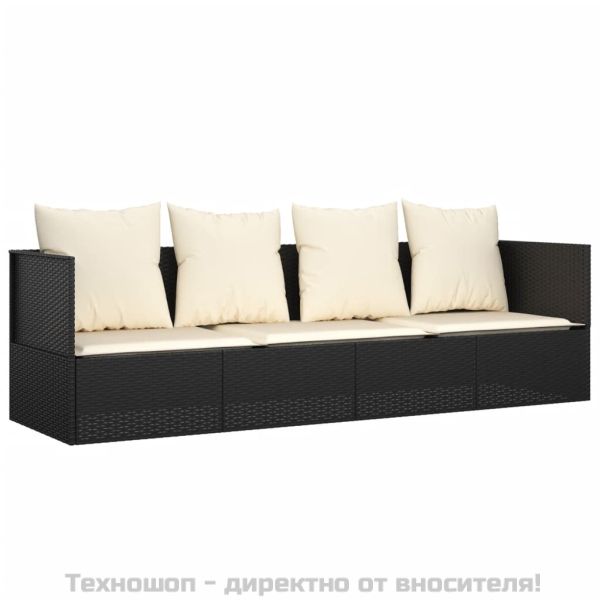 Градинско лаундж легло с възглавници, черен полиратан
