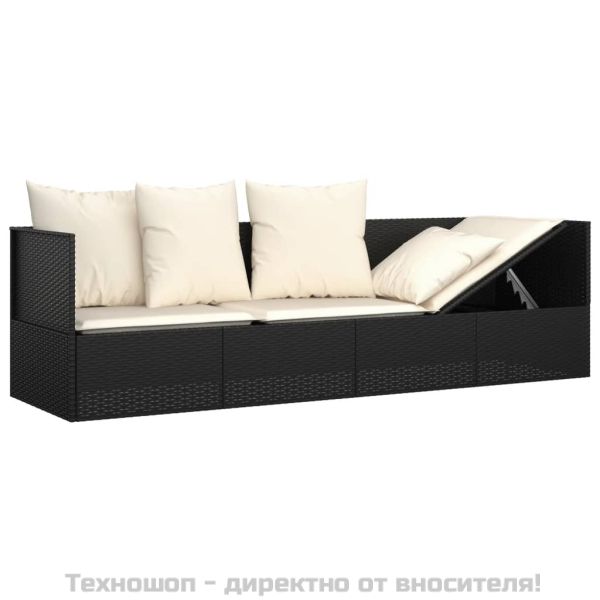 Градинско лаундж легло с възглавници, черен полиратан