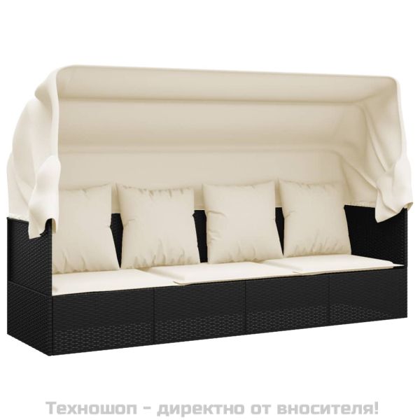 Градинско лаундж легло с покрив и възглавници черен полиратан