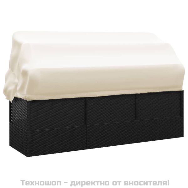 Градинско лаундж легло с покрив и възглавници черен полиратан