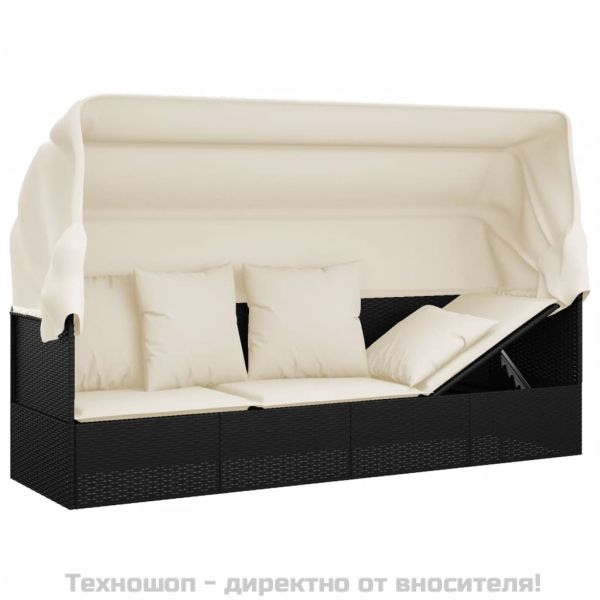 Градинско лаундж легло с покрив и възглавници черен полиратан