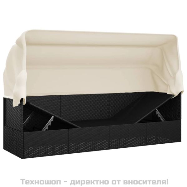 Градинско лаундж легло с покрив и възглавници черен полиратан