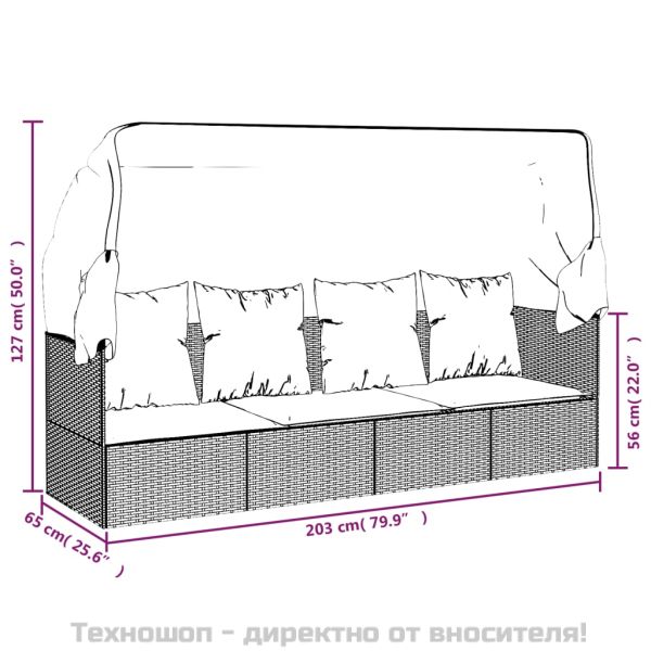 Градинско лаундж легло с покрив и възглавници черен полиратан