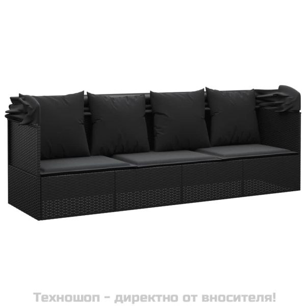 Градинско лаундж легло с покрив и възглавници черен полиратан