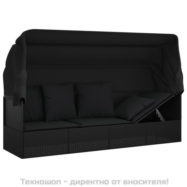Градинско лаундж легло с покрив и възглавници черен полиратан