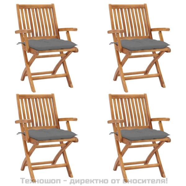 Сгъваеми градински столове с възглавници, 4 бр, тик масив