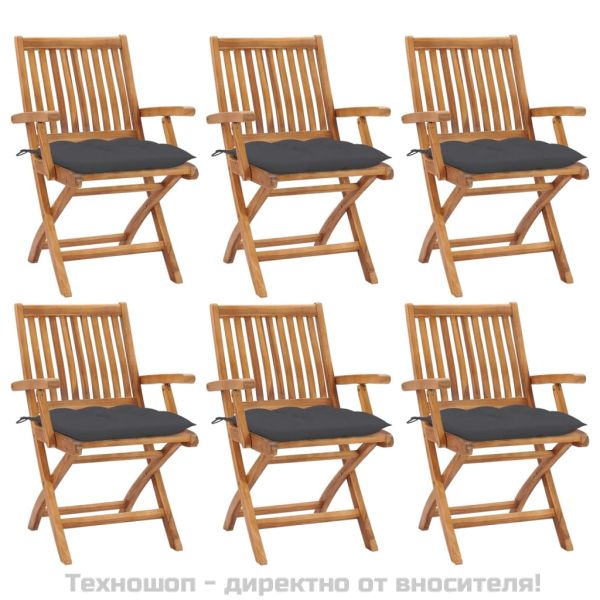 Сгъваеми градински столове с възглавници, 6 бр, тик масив