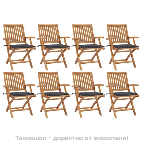 Сгъваеми градински столове с възглавници, 8 бр, тик масив