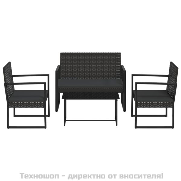 Градински лаундж комплект с възглавници 4 части черен полиратан