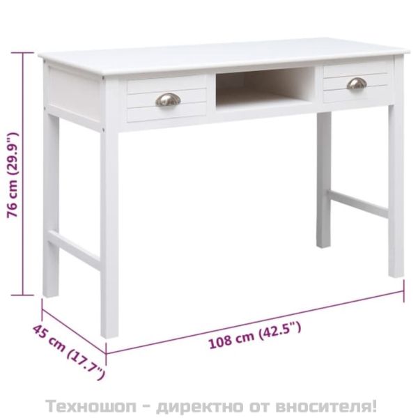 Бюро, бяло, 108x45x76 см, масивна дървесина пауловния
