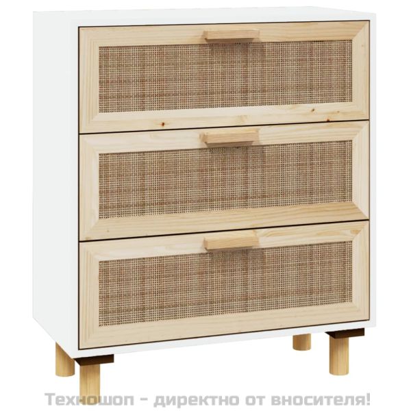 Бюфет, бял, 60x30x70 см, бор масив и естествен ратан