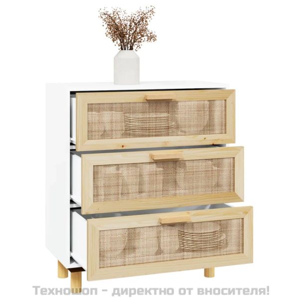 Бюфет, бял, 60x30x70 см, бор масив и естествен ратан