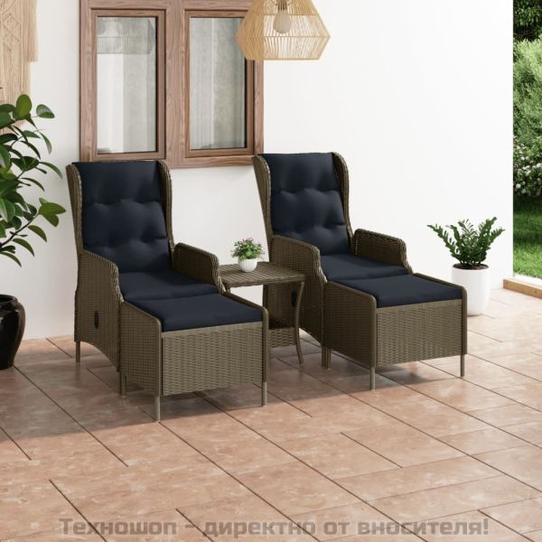 Градински комплект с възглавници, 3 части, кафяв полиратан