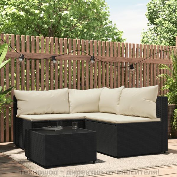 Градински лаундж комплект с възглавници 4 части черен полиратан