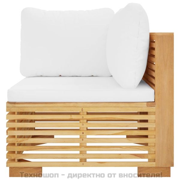 Градински ъглов диван с кремави възглавници, тиково дърво масив