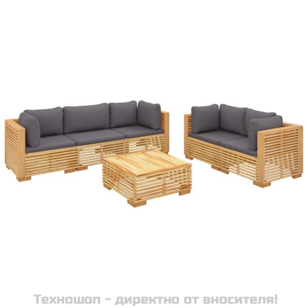 Градински комплект с възглавници, 6 части, тиково дърво масив