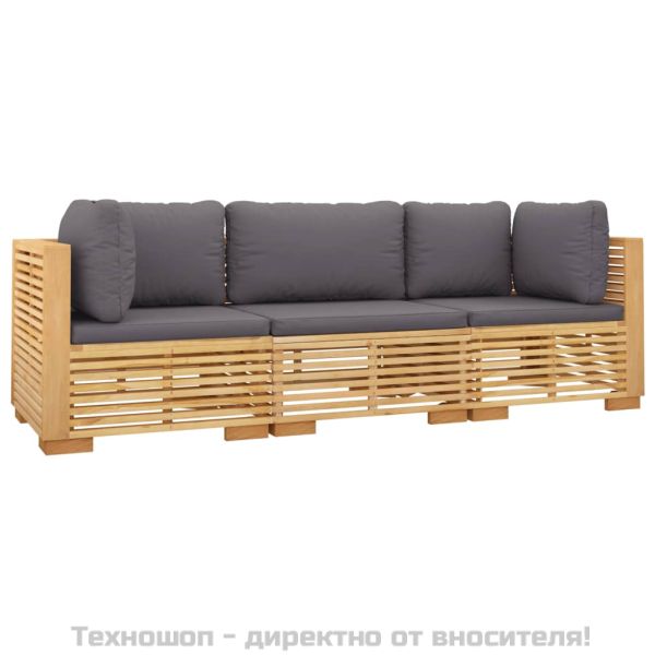 Градински комплект с възглавници, 3 части, тиково дърво масив