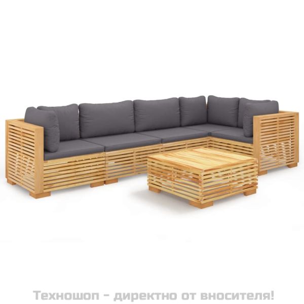 Градински комплект с възглавници, 6 части, тиково дърво масив