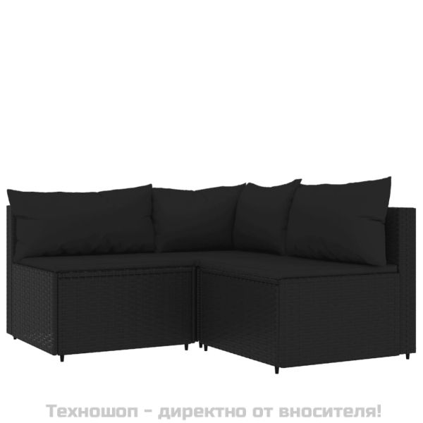 Градински лаундж комплект с възглавници 4 части черен полиратан