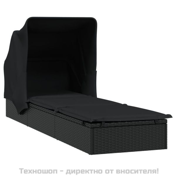 Шезлонг със сгъваем покрив, черен, 213x63x97 см, полиратан