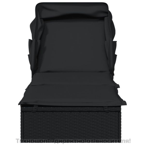 Шезлонг със сгъваем покрив, черен, 213x63x97 см, полиратан