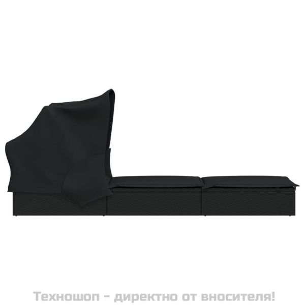 Шезлонг със сгъваем покрив, черен, 213x63x97 см, полиратан