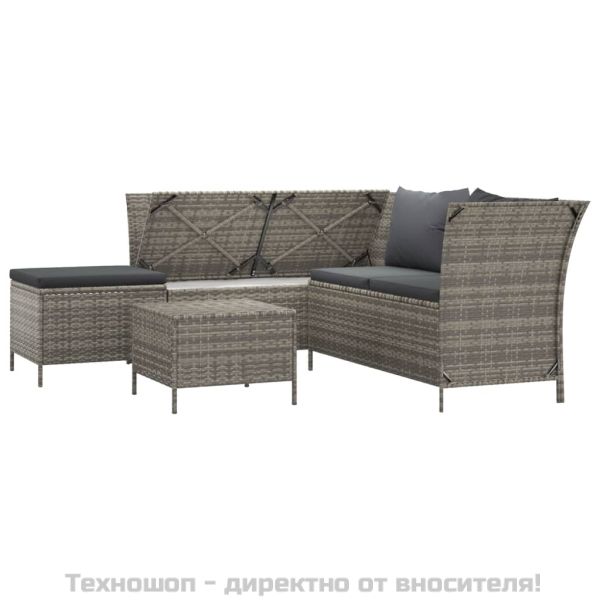 Градински лаундж комплект с възглавници 4 части сив полиратан