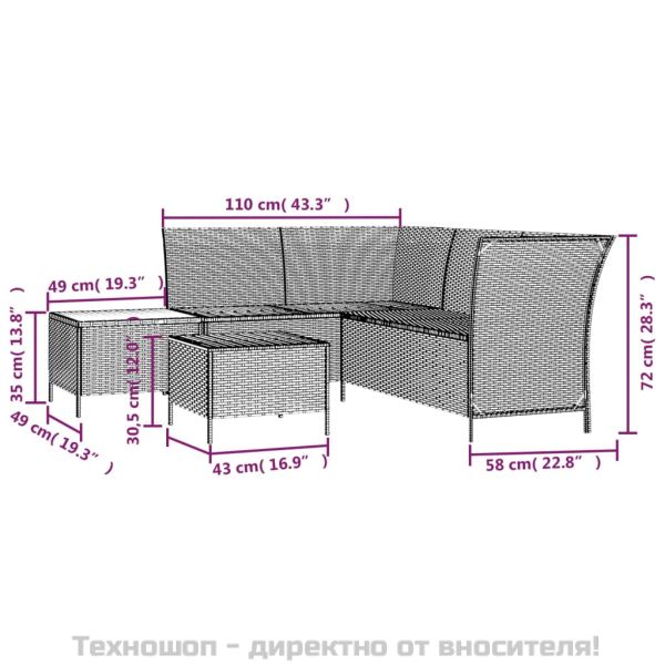 Градински лаундж комплект с възглавници 4 части сив полиратан