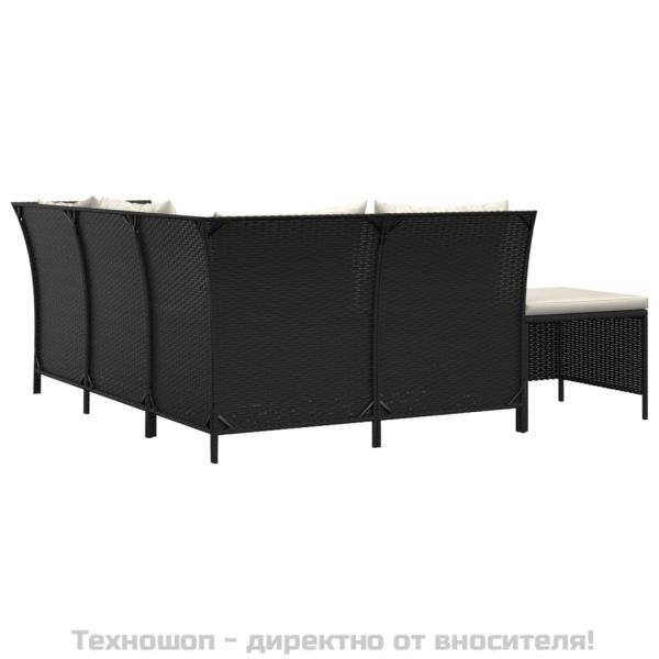 Градински лаундж комплект с възглавници 4 части черен полиратан