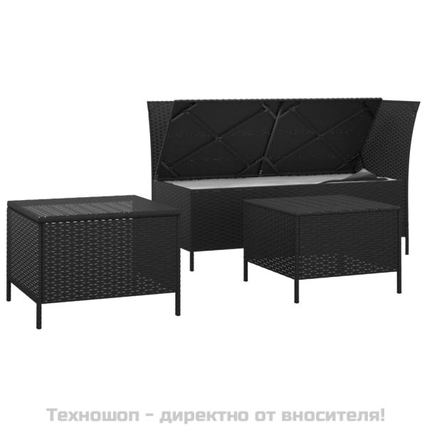 Градински лаундж комплект с възглавници 3 части черен полиратан