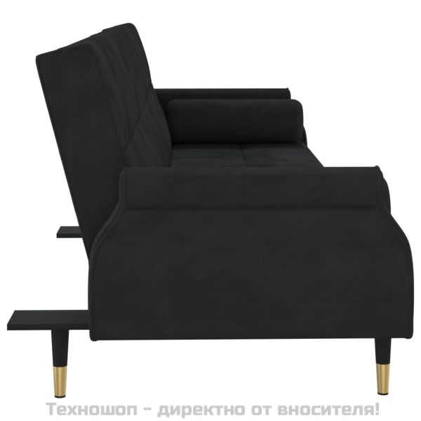 Разтегателен диван с възглавници, черен, кадифе