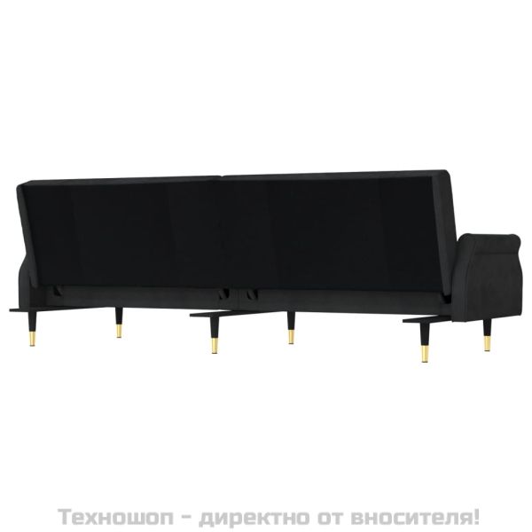 Разтегателен диван с възглавници, черен, кадифе