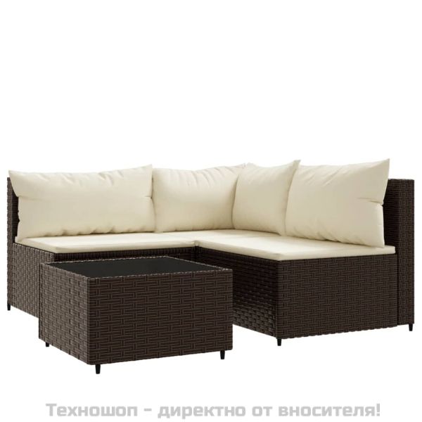 Градински комплект с възглавници, 4 части, кафяв, полиратан