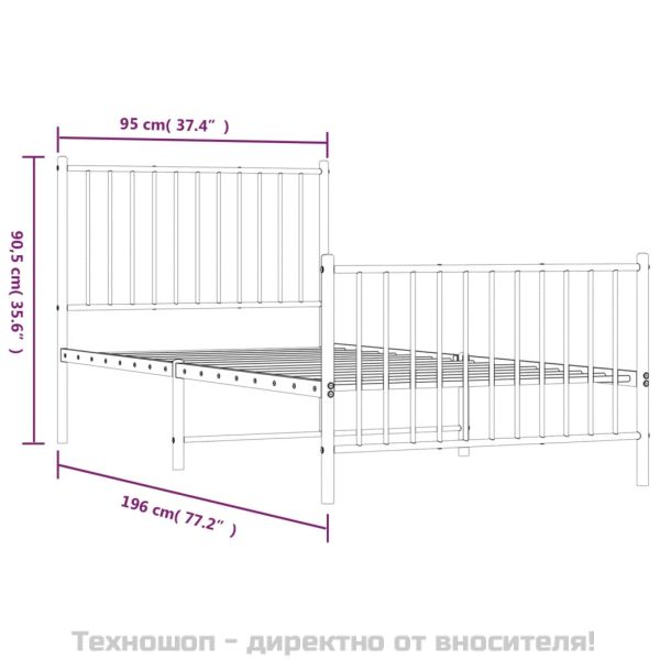 Метална рамка за легло с горна и долна табла, бяла, 90x190 см
