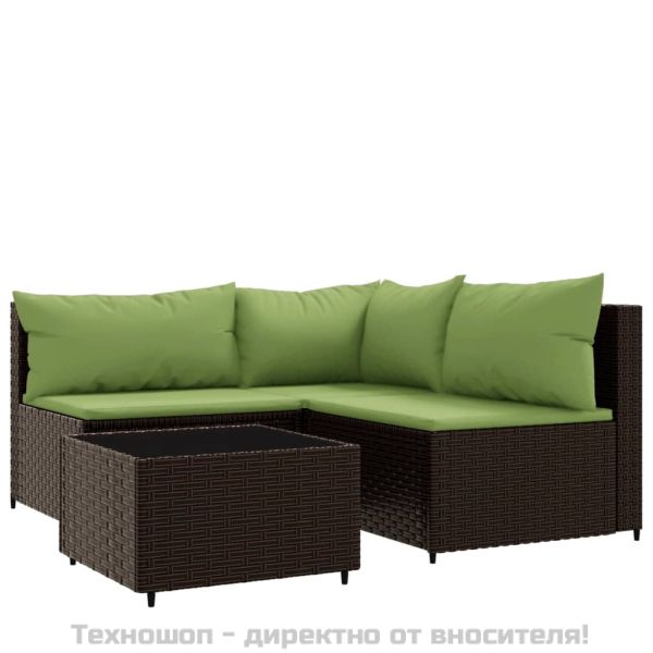 Градински комплект с възглавници, 4 части, кафяв, полиратан